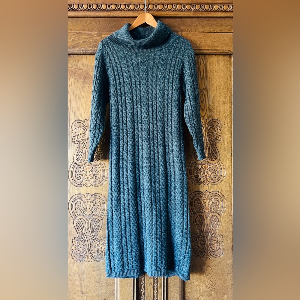 Cozy Casual dark heather gray cowl-neck long sleeve sweater dress